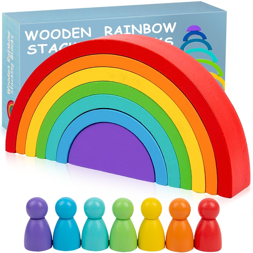 Wooden Rainbow Stacking Toy, Wood Peg Dolls Stacker Arch Game, Montessori Arc…