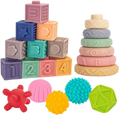 3 in 1 Montessori Toys for Babies 0-3-6-12 Months, Soft Baby Teething, Stacking