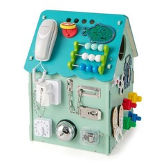 Wooden Busy House Montessori Toy w/ Sensory Games & Interior Storage Space