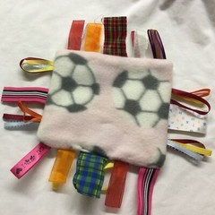 Taggie Baby Toy Soccer theme Handmade New. Sensory Tactile Pink with Soccerballs
