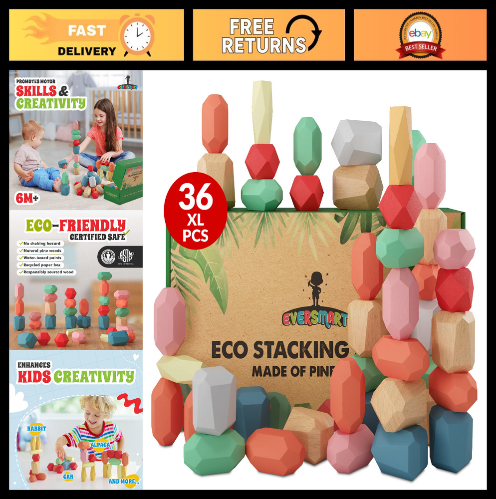 36 Pcs Wooden Stacking Blocks – Montessori Sensory STEM Toys for Toddlers & Kids