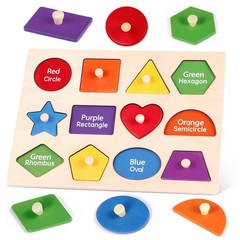 Montessori Wooden Peg Shape Puzzles for Toddlers, Sturdy Easy-Grip Educationa…