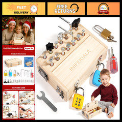 Montessori Busy Board for Toddlers 3+ | Wooden Sensory Latches & Tools | STEM Ed