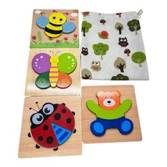Set Of 4 Wooden Puzzle Vibrant Color Shapes Educational Baby Animal Bugs & Bag