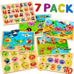 7 Pack Wooden Puzzles for Toddlers 2 3 4 5 Years Old – 7 Colorful Chunky Wood…