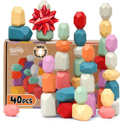 Wooden Blocks – Stacking Rocks 40Pcs – Montessori Toys for 3 Year Old – Stimu…