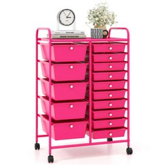 15-Drawer Utility Rolling Organizer Cart MultiUse Storage-Pink – Color: Pink