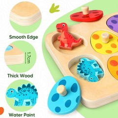 Wooden Puzzles for Toddlers 1-3 – Dinosaur Matching Egg Peg Puzzle, Montessor…