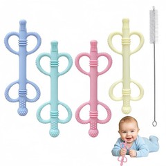 4 Pack Baby Teething Toys, Heart-Shaped Easy-Grip Silicone Khaki & Pink