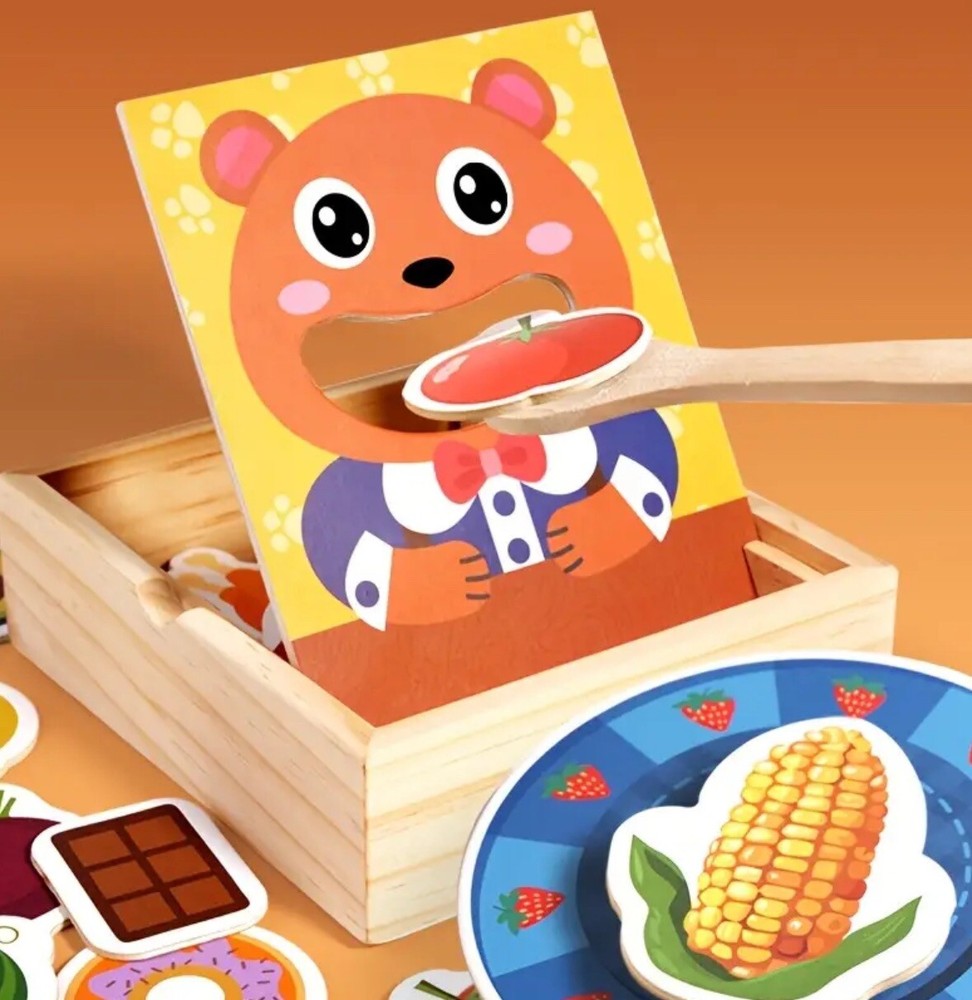 Feeding Game Toy Wood Cute Bear Spoon Motor Skills.Colorful Fruits & Veggies