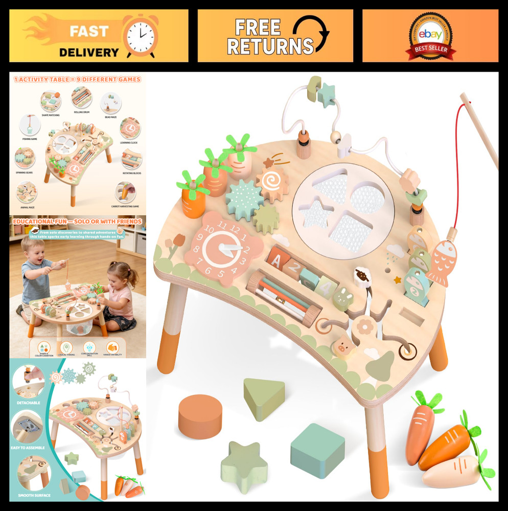 9-in-1 Montessori Wooden Activity Table for Toddlers 1-3, Sensory Play & Learnin