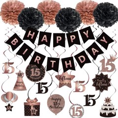 BRT Bearingshui Rose Gold and Black Happy 15th Birthday Hanging Swirls Stream…