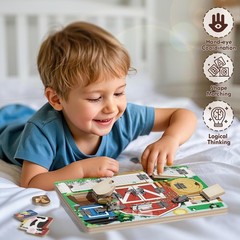 Interactive Montessori Farm Toy – Wooden Busy Board with 9 Puzzles for Toddlers