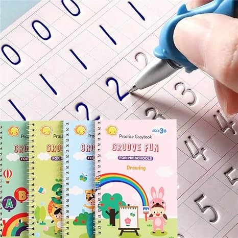 Reusable Handwriting Practice Books for Kids Grooved Writing Workbook Set 4-Pack