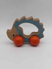 Wooden Hedgehog Pull Push Toy Orange Wheels Baby Toddler Natural Wood Montessori