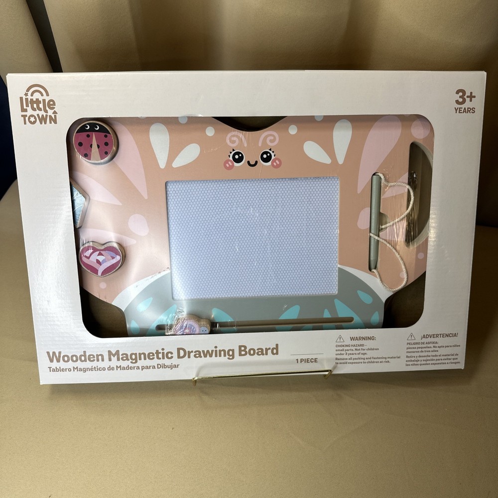 NIB Wood Toy Little Town Wooden Magnetic Drawing Board Butterfly w/Accessories