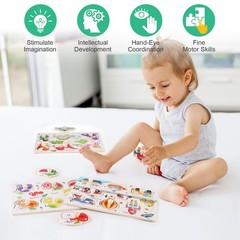 Wooden Peg Puzzles for Toddlers Set of 3 Traffic Dinosaur Fruit Learning Toy