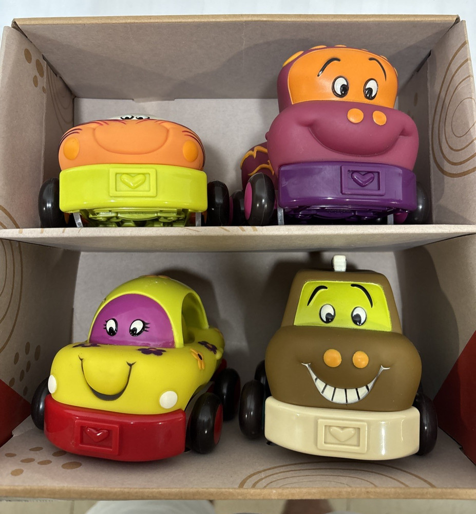NEW B. Toys Wheeee-ls! PULL BACK TOY CARS 4Pc SET Soft Plastic Chunky Vehicles
