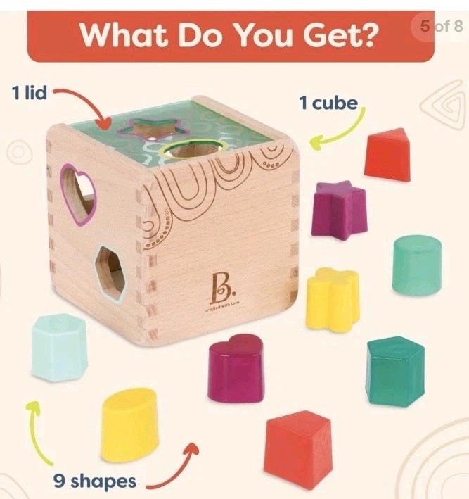 Wooden Shape Sorter Cube, 9 Colorful Shapes, Educational Wooden Toy for Toddlers