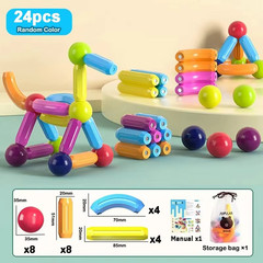 24PCS Magnetic Building Blocks Construction Rod Ball Montessori STEM Toy