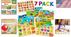 7 Pack Colorful Wooden Peg Puzzles for Toddlers Ages 2-5 – Fun Learning Tools