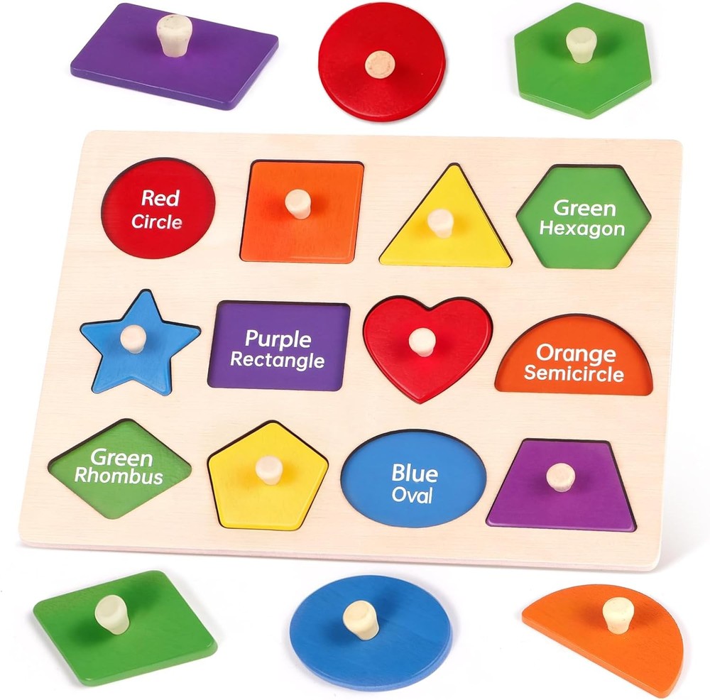 Montessori Wooden Peg Shape Puzzles for Toddlers 1-4, Sturdy Easy-Grip Education