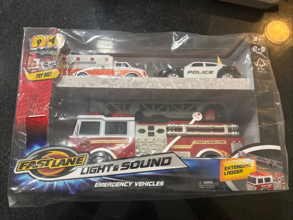 NEW! NIB RARE! 3 Pack Fast lane Emergency Vehicles FIRETRUCK POLICE AMBULANCE