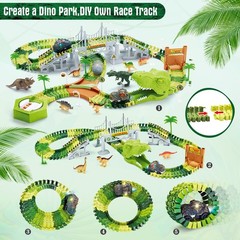 174pcs Dinosaur Track Race Car Toy for Kids,Road w/ Train Track Playset Figures