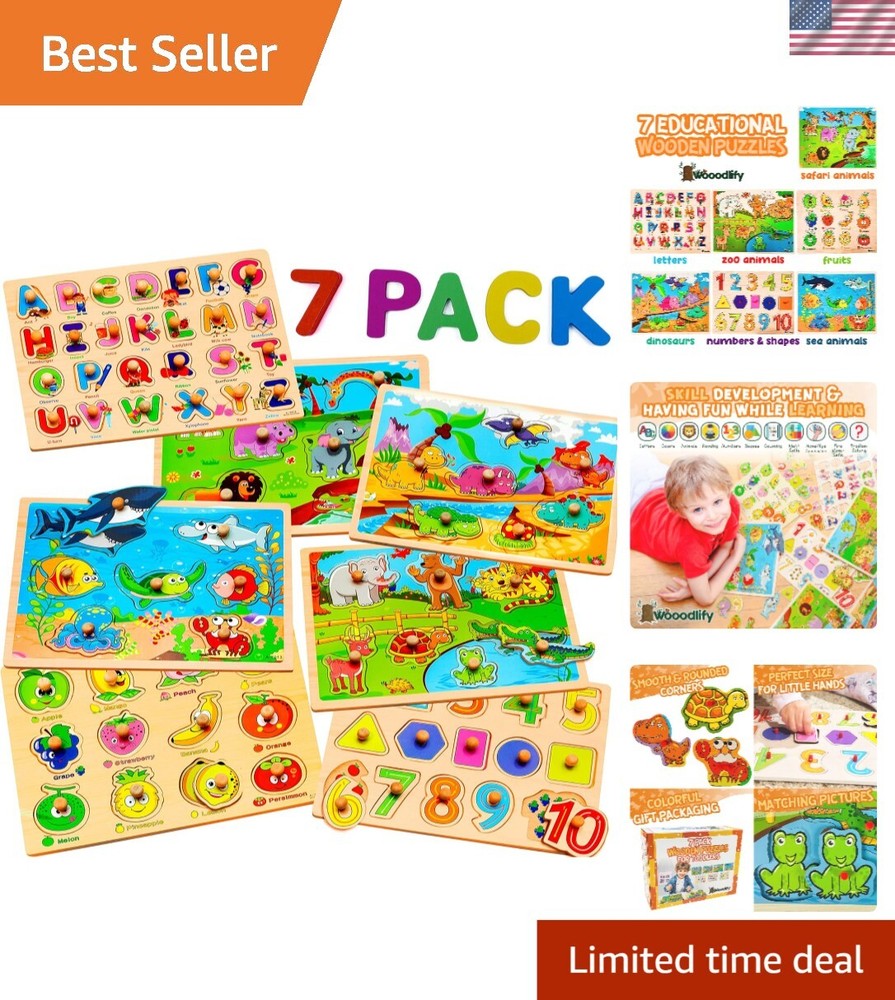 Chunky Wooden Alphabet, Numbers & Animal Puzzles for Toddlers’ Development