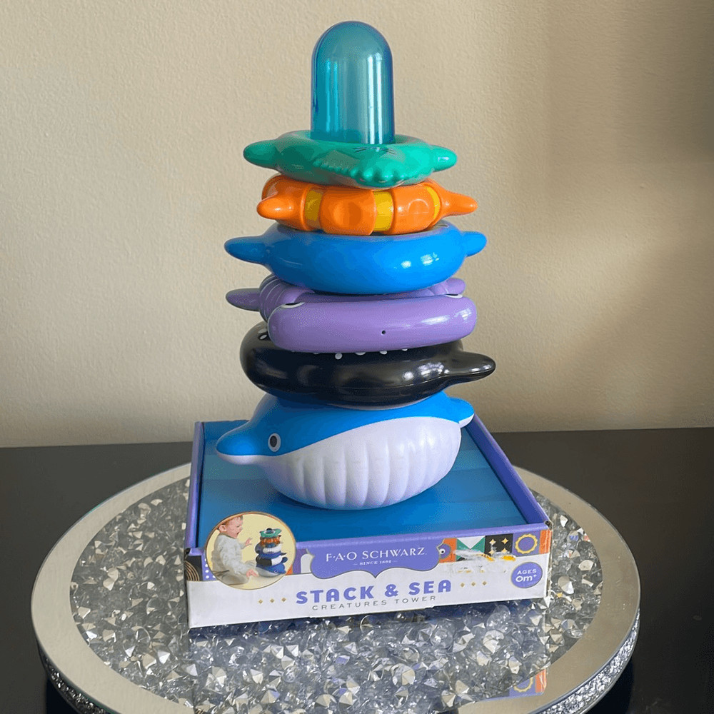 Preowned cute FAO Schwartz stack & sea creature tower 0 month unisex baby toys
