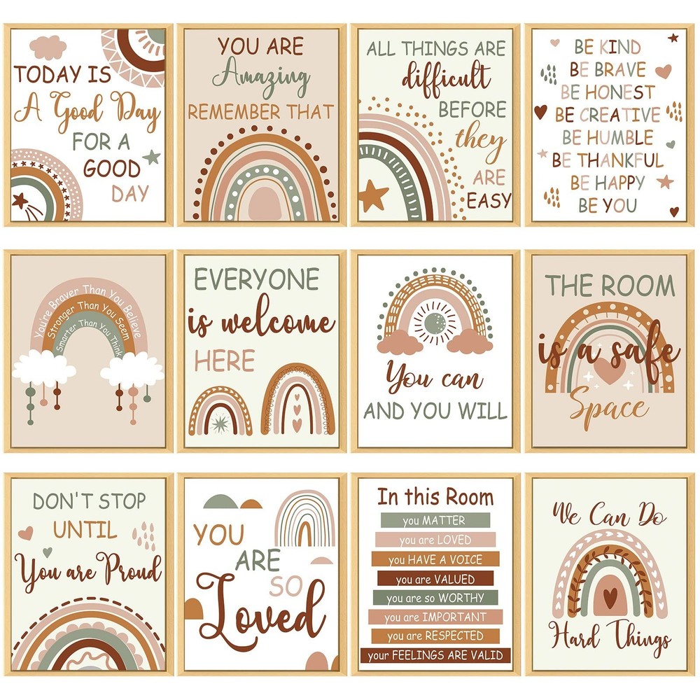 Nezyo 12 Pcs Rainbow Classroom Decor Boho Poster Elementary Bulletin Board De…
