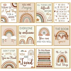 Nezyo 12 Pcs Rainbow Classroom Decor Boho Poster Elementary Bulletin Board De…