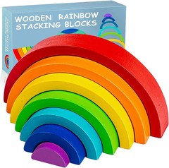 Wooden Rainbow Stacking Toy, Wood Stacker Arch Game, Montessori Arch Bridge R…