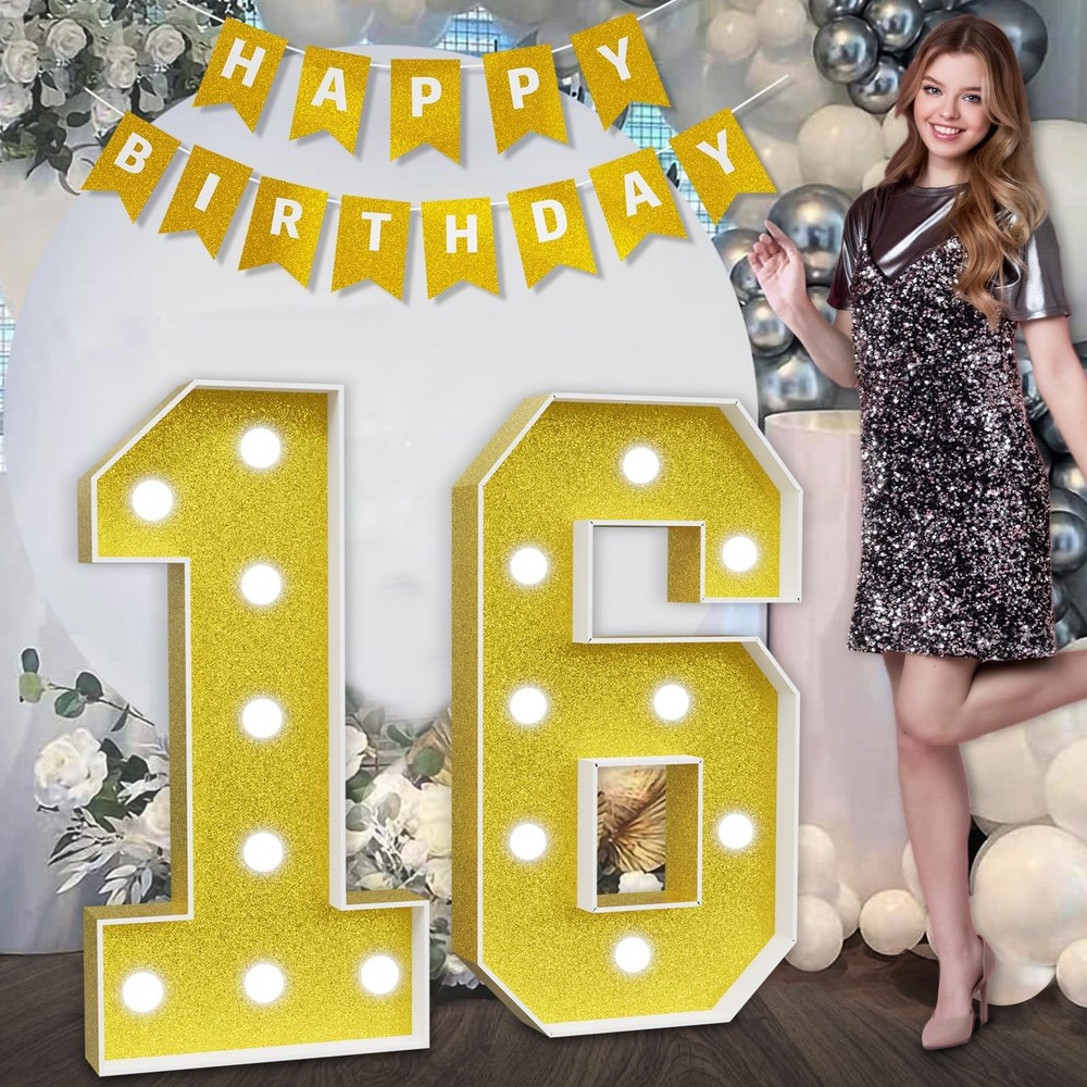 imprsv Marquee Numbers Gold 16th-Birthday Decorations: Large 3ft Light Up Num…