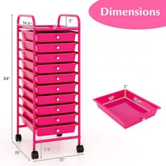 10 Drawer Rolling Storage Cart Organizer with 4 Universal Casters-Pink – Color: