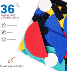 Wooden Shape Puzzle, 36 Blocks & 60 Cards, Montessori Toy for Kids 3+