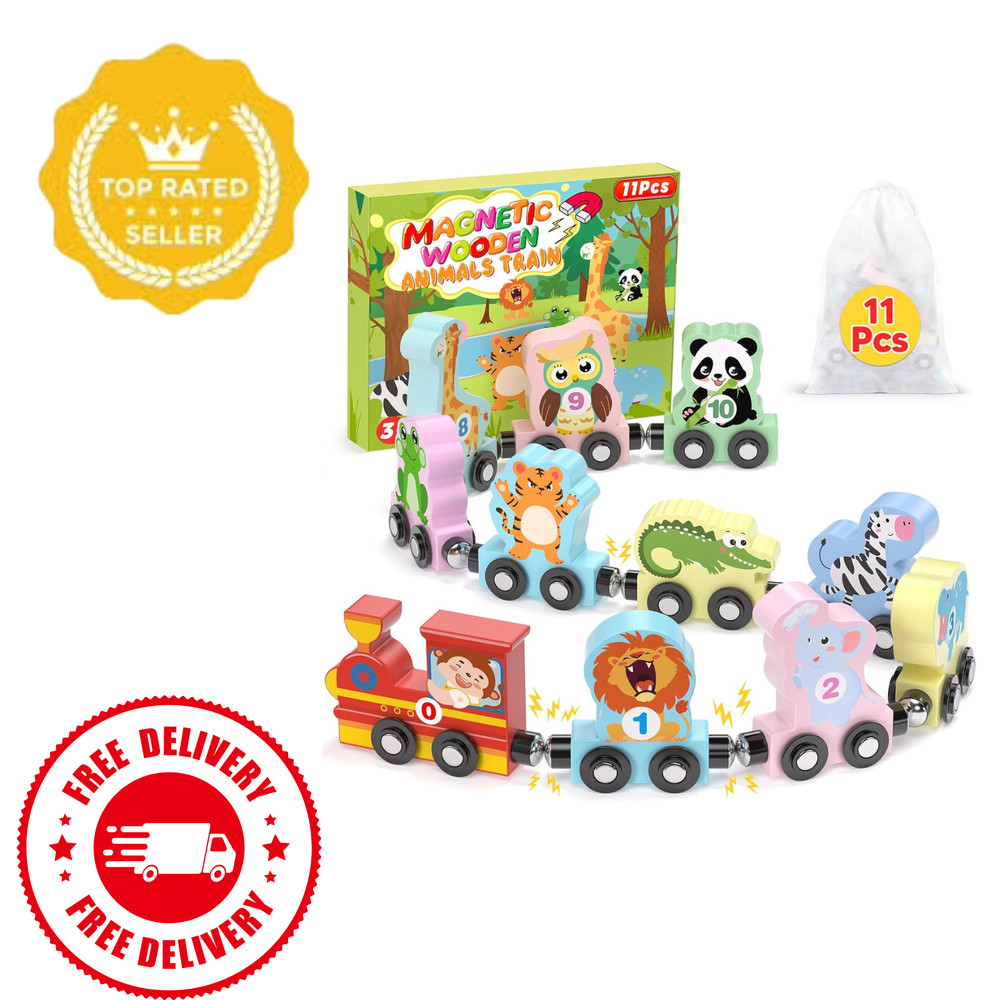 11 Pcs Wooden Magnetic Train Set for Toddlers Montessori Animal Toy for Ages 1-3