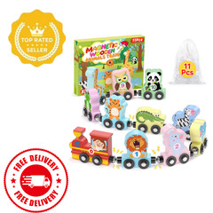 11 Pcs Wooden Magnetic Train Set for Toddlers Montessori Animal Toy for Ages 1-3