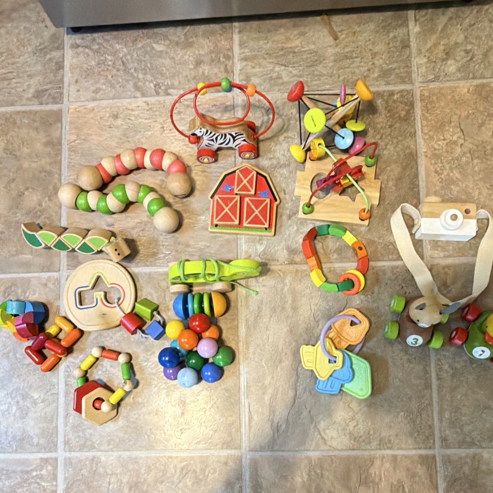 Wooden Baby/Toddler Developmental Toy Lot Bead Maze Animal Pull Shapes 12+