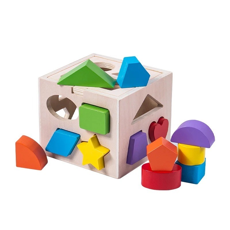 Baby Blocks 18 Shape Color Recognition Toys With Colorful Sorter Cube Box Wooden