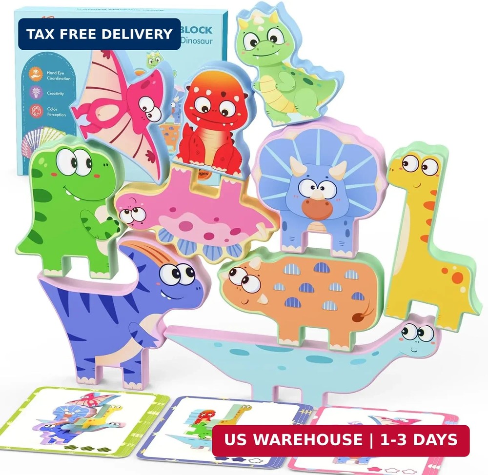 Montessori Dinosaur Stacking Blocks 10 Pack Wooden Toy for Toddlers 2-5
