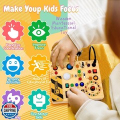 Busy Board with LED Light Switches, Montessori Toys for 1 2 3 Years Old, Todd