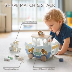 Wooden Noah’s Ark Toy for 1 Year Old Baby Boy and Girl Baptism Gift – Neutral