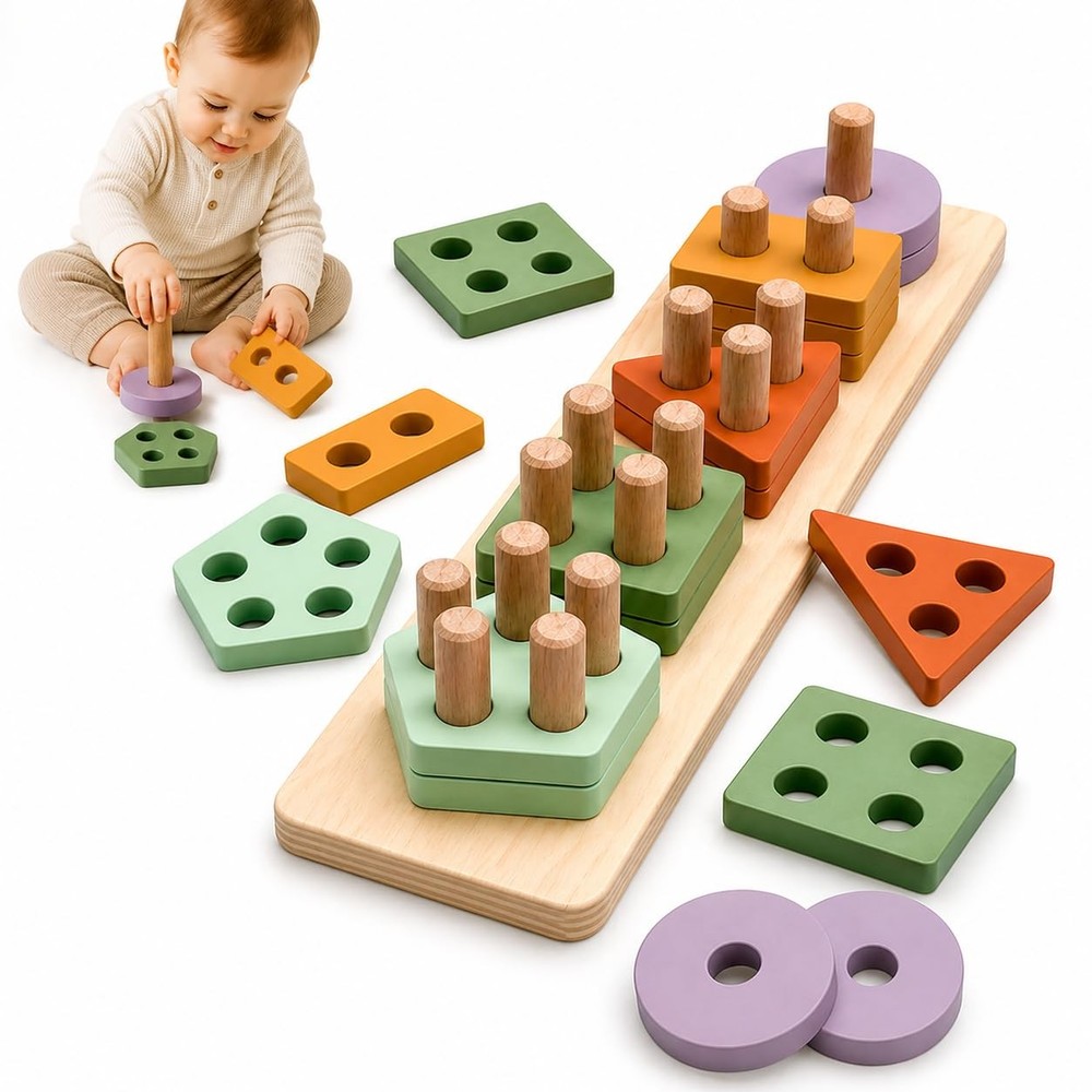 Montessori Wooden Shape Sorter & Stacking Toy for Toddlers 3+, Educational Pu…