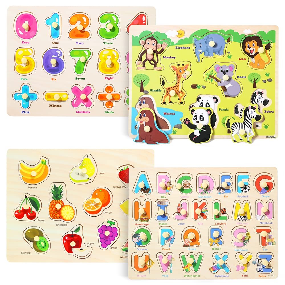 GRINNNIE Wooden Peg Puzzle for Toddlers 3 4 5 Years Old, 4 PCS Montessori Edu…