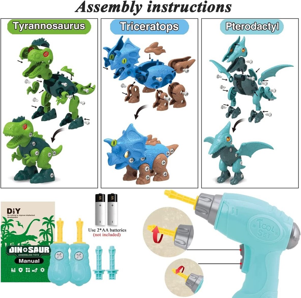 STEM Take Apart Dinosaur Toys Electric Drill Boys Girls Kids Toddler Learning