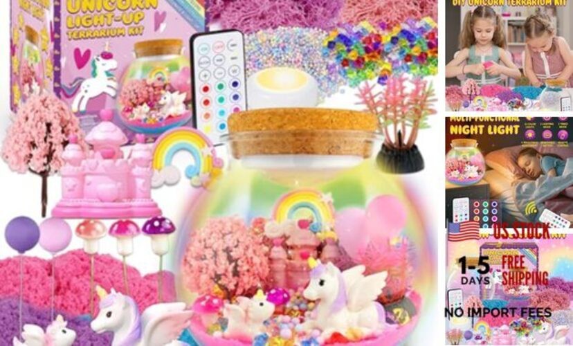 Terrarium Crafts Kit for Kids-LED Night Light Up & Remote Birthday Unicorn