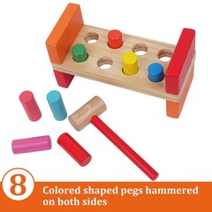 Montessori Pounding Bench Toy for Toddlers 1-3, Wooden Hammer & 8 Pegs, STEAM Le