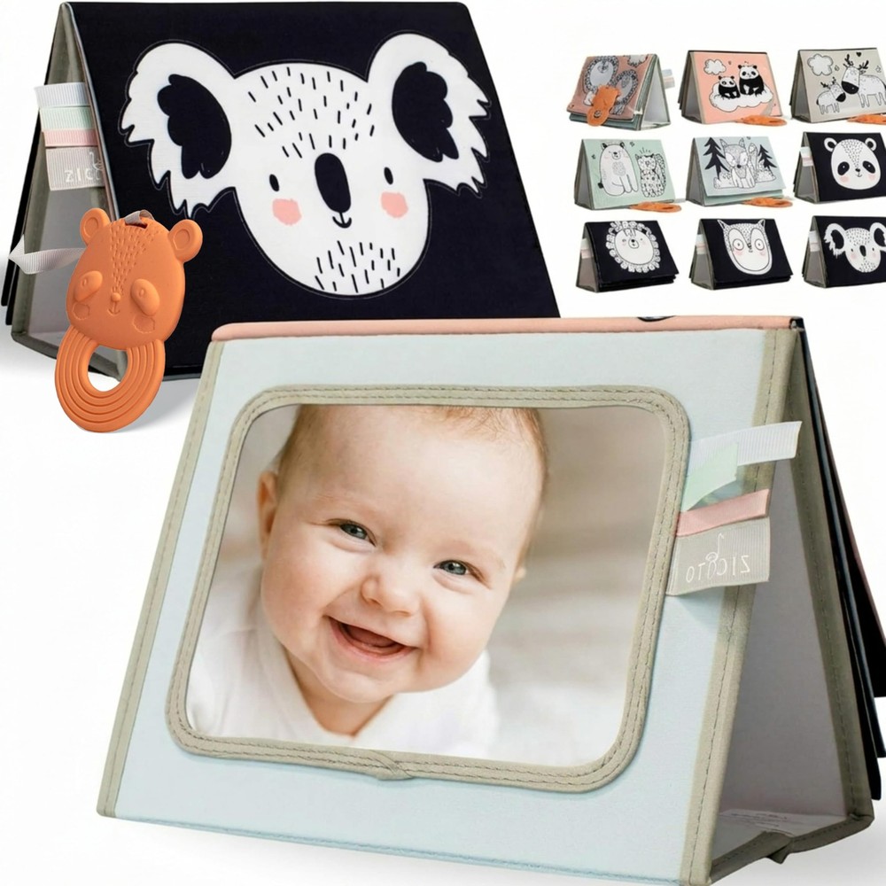 Soft Tummy Time Book w/ Large Stimulating Baby Safe Mirror – Medium, Pastel