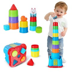 Stacking Cups & Blocks Toy Set for Toddlers – Shape Sorter, Nesting Game, Gift f
